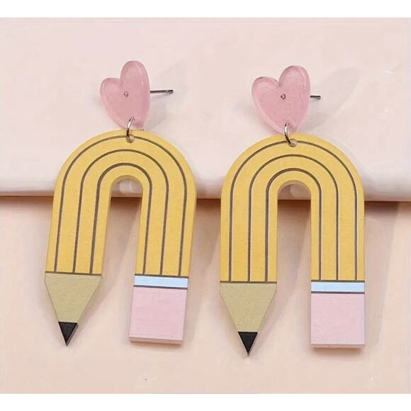 Pencil, Teacher, School, Back‎ To School, 2D Acrylic Dangle Earrings NEW - Picture 1 of 3